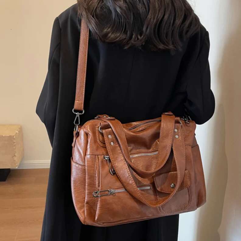 Ladies Large Capacity Satchel PU Leather Vintage Crossbody Women's Solid Color Messenger Bags Adjustable Strap Commuting Bag