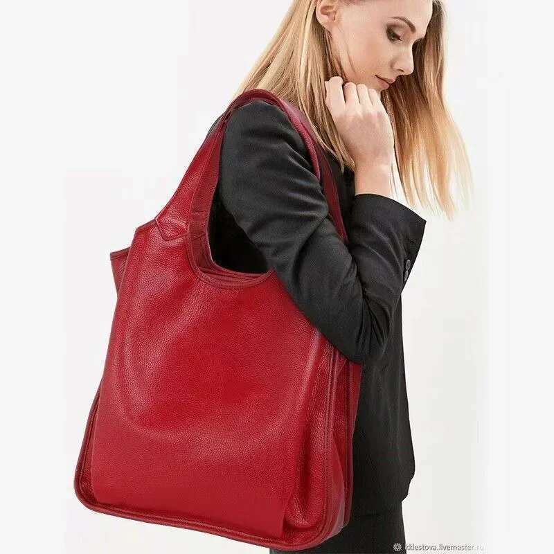Soft Leather Black Red Large-Capacity Handbag Women's Shoulder Big Bag