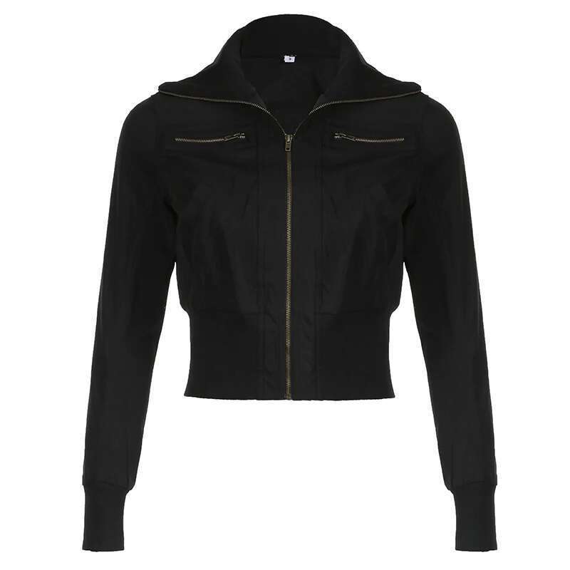 CIBBAR Streetwear Black Zip Up Jacket Autumn Winter Turtleneck Full Sleeve Cropped Jackets For Women Y2k Vintage Ladies Outwear