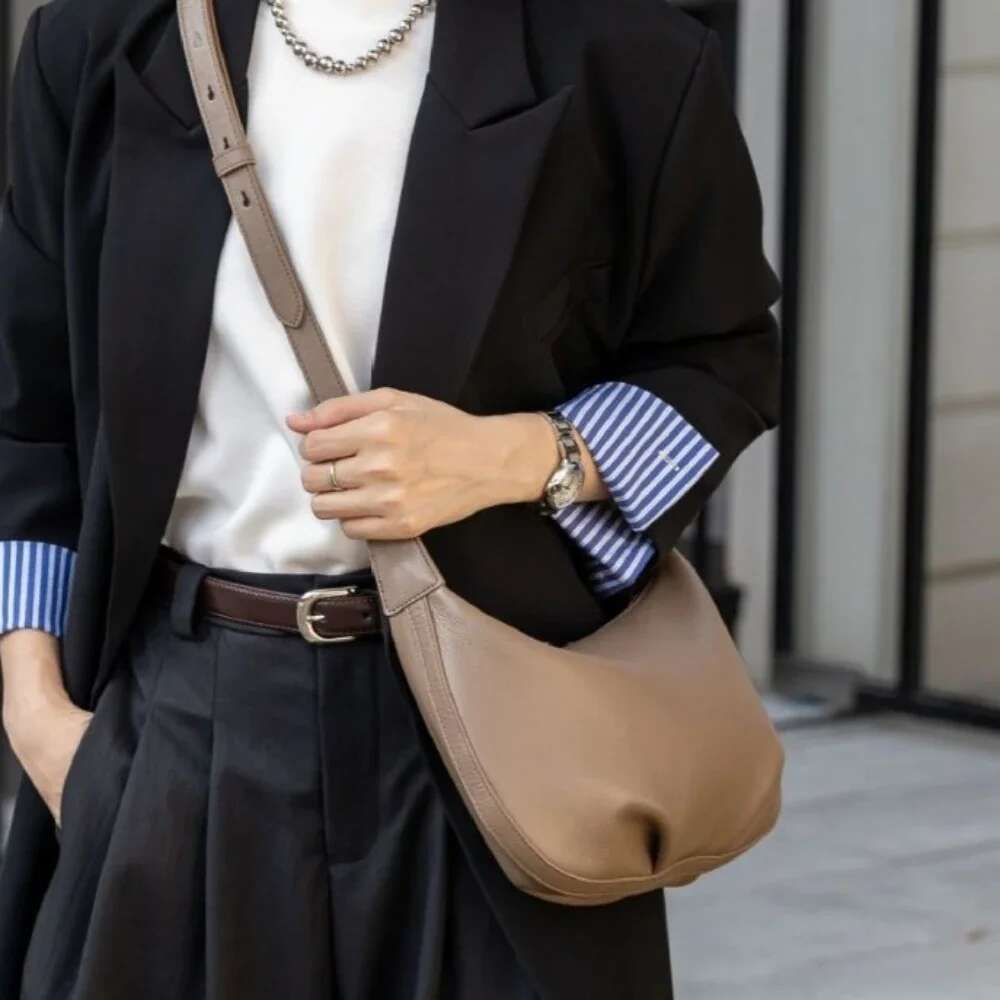 Vintage Natural Cowhide Women Shoulder Bag Soft Simple Calf Leather Female Hobo Multiple Compartments Handbag Kakhi