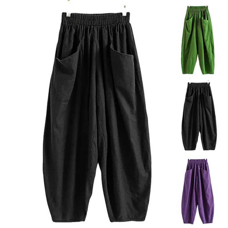 New womens cotton linen harem pants casual mens summer loose elastic waist pocket mens retro ankle length wide leg pantsXJ250403