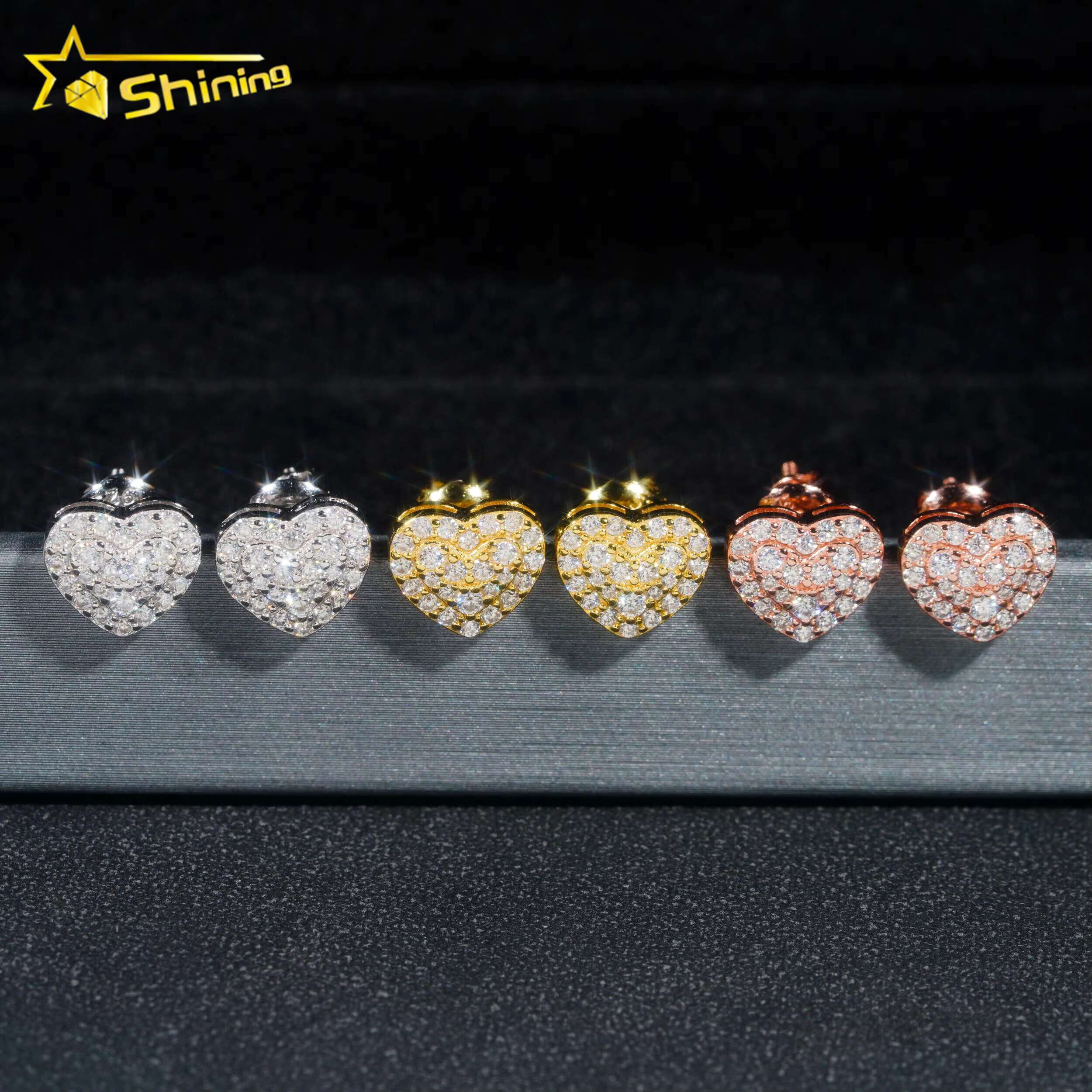 New Stock Hear Stud Earring Fine Jewelry Gold Plated 925 Sterling Silver Iced Out VVS Diamond Hip Hop Moissanite Earrings