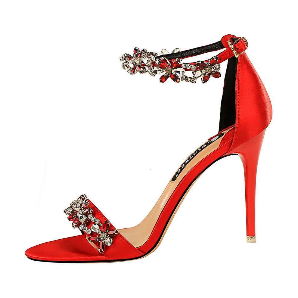 Soft Silk Open Toe Women Sandals 2025 Summer Crystal Ankle Buckle High Heels Shoes Bride Party Lady Green Red Black Pumps