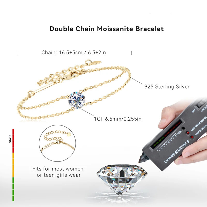 Lnngy 6.5mm 1ct Bracelet 925 Sterling Silver Certified Double Chain Bracelets For Women Charm Wedding Jewelry Gift 250408