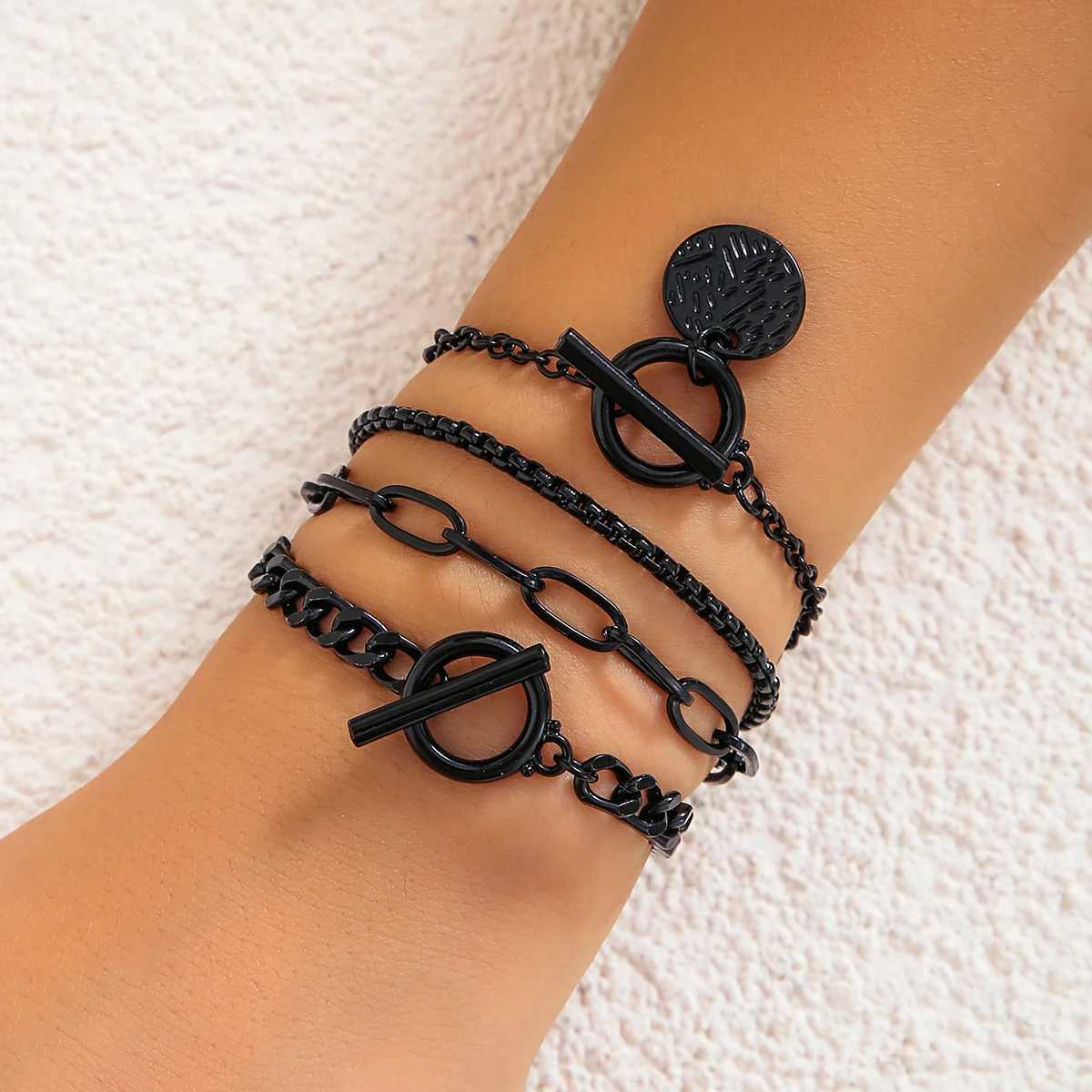 Salircon Gothic Metal Black Paint Box Chain Bracelet Simple Mti Layer Buckle Bracelet For Wen Punk Hip Hop Jewelry GiftC250408