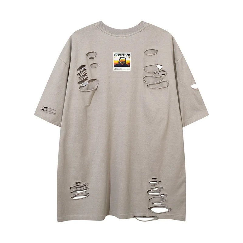 Mens cracked hole T-shirt street clothing short sleeved T-shirt mens hip-hop retro cracked cut T-shirt oversized top 250408