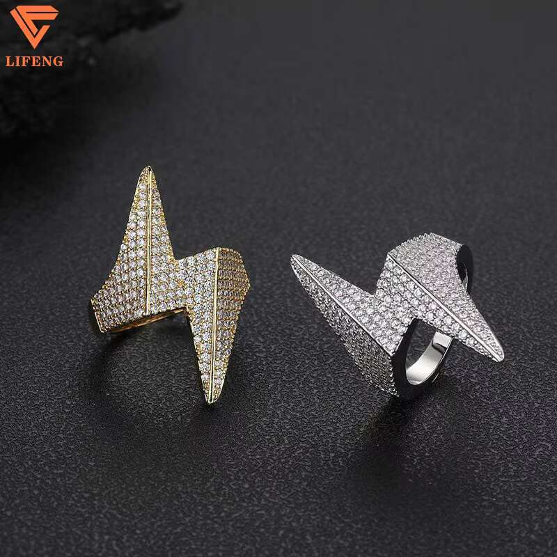 Wholesale Fashion Jewelry 925 Sterling Silver Hiphop Lightning Finger Ring 14k Gold Plated Iced Out VVS Moissanite Mens Ring