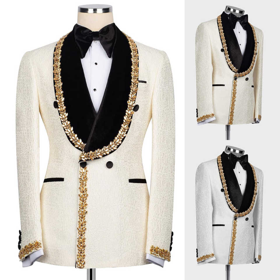 Fashion Show Wedding Men Suit Crystal Velvet Neck Party Suit 2-PCS Coat Pant Tailor-Made Groom Groomsman Formal Occasions Size Customized M251015