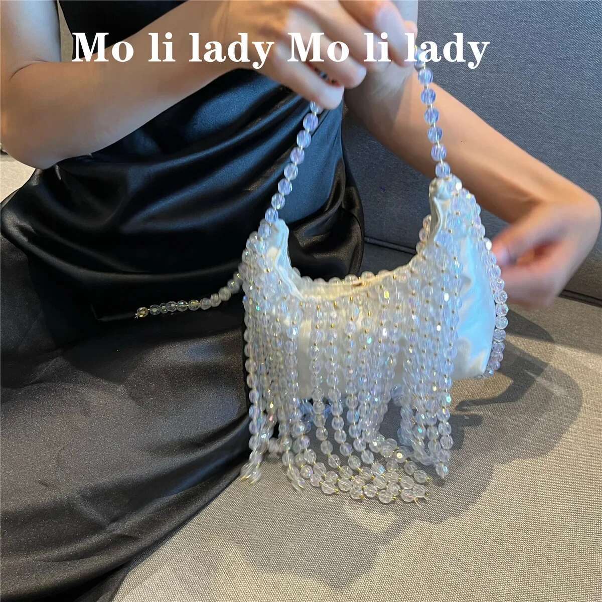 Retro Handbag Fairy Popular Woven Beaded Bucket Crossbody Summer Niche Design Hollowed Out Pearl Women Bag