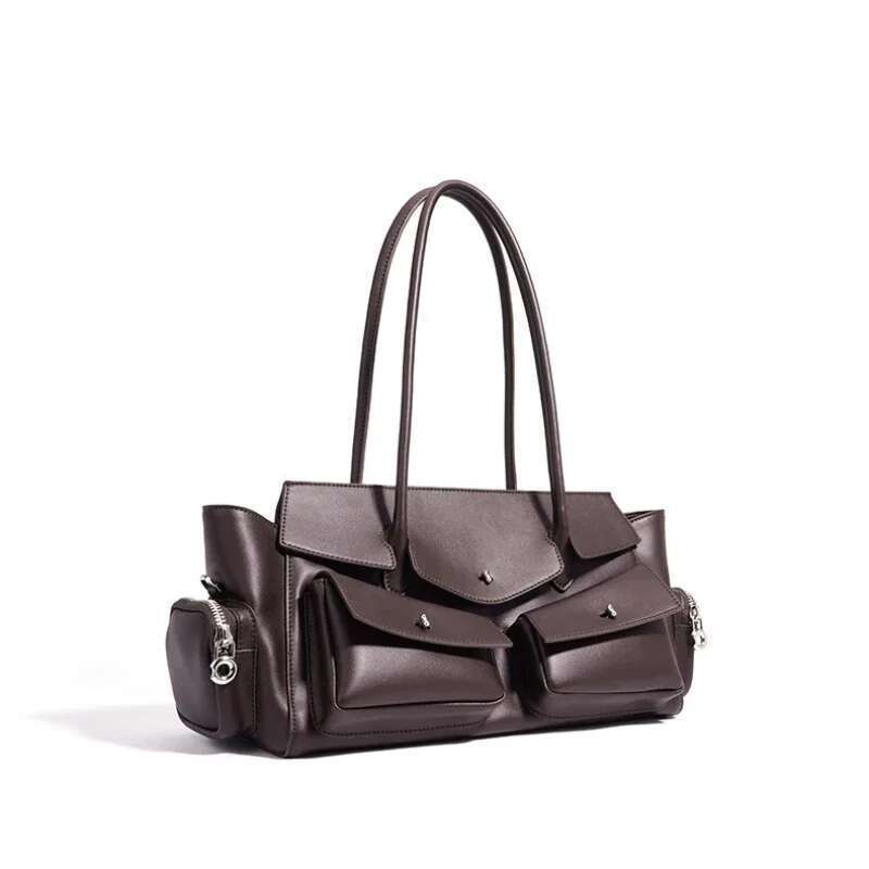 Moto Styg Long Handle Handbag Women New High Quality Glossy Split Cow Leather Multiple Pockets Designer Shoulder Bag