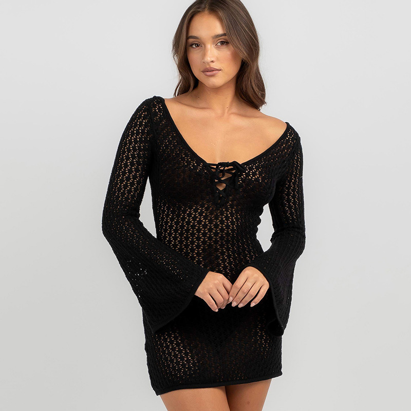 2025 Summer New Beach Skirt Womens Solid Color Sexy Knitted Beach Bikini Swimming Womens Dress