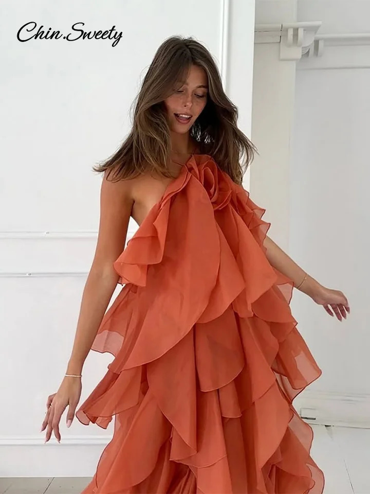 Sexy ruffled long skirt for women backless and sleeveless solid color party beach dress summer multilayer robe 250409