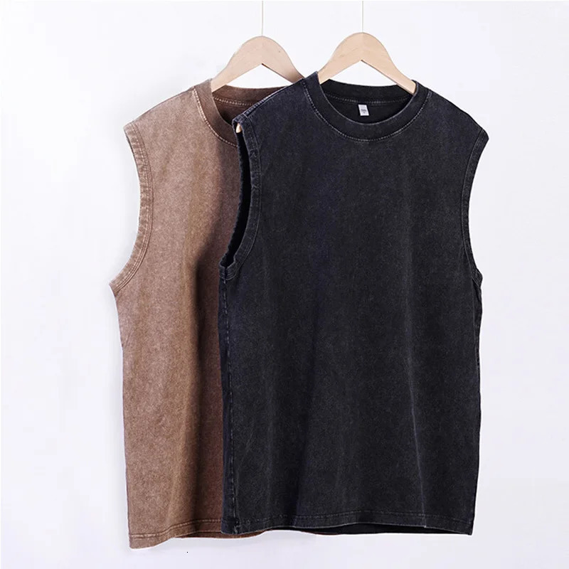 Mens vest retro wash Tshirt 100% pure cotton top summer casual sleeveless street black loose womens 250409