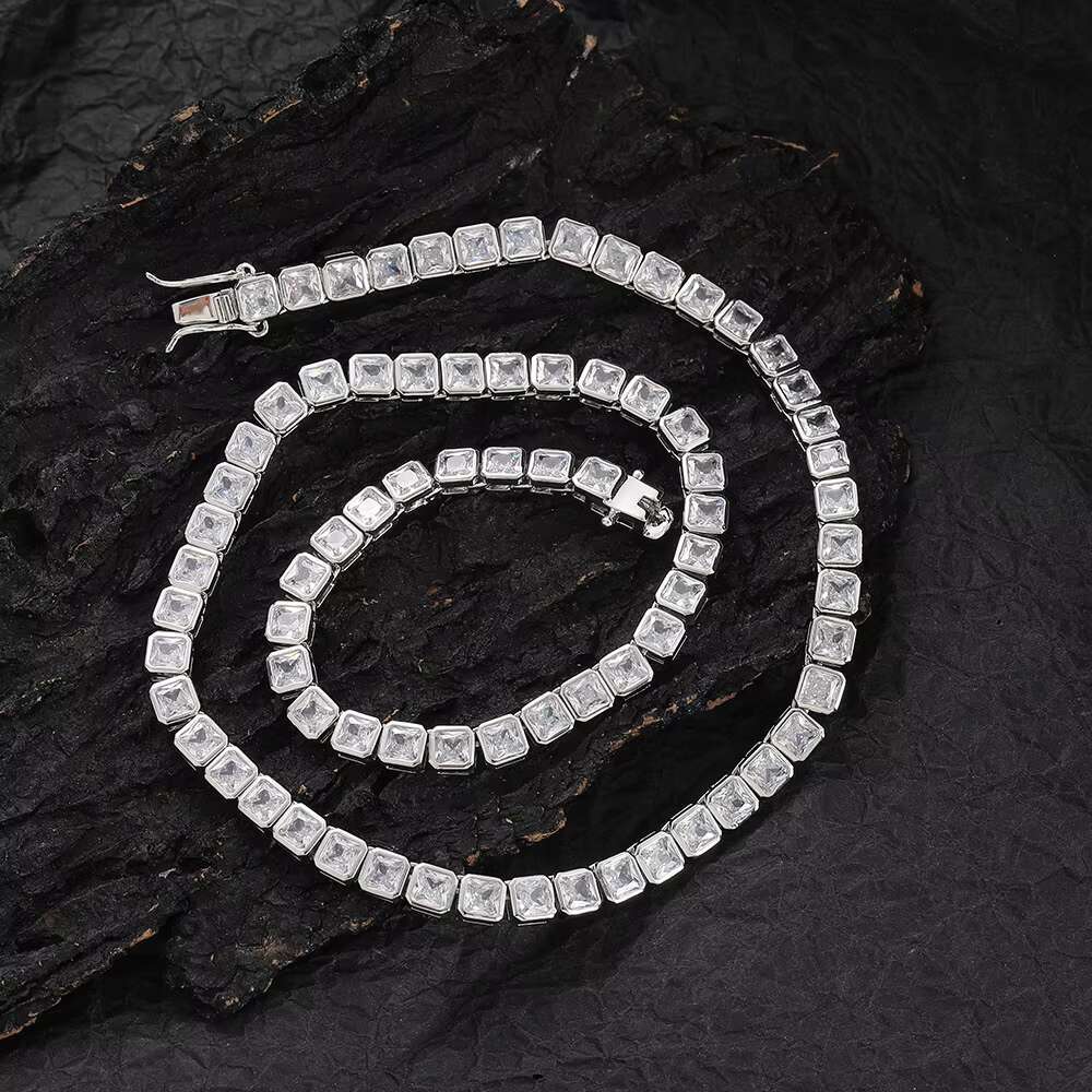 Gold Plated Asscher Cut Zirconia Tennis Chain Men 4x4mm Single Row Micro Inlaid Copper Zircon Hip Hop Style Brass Necklace