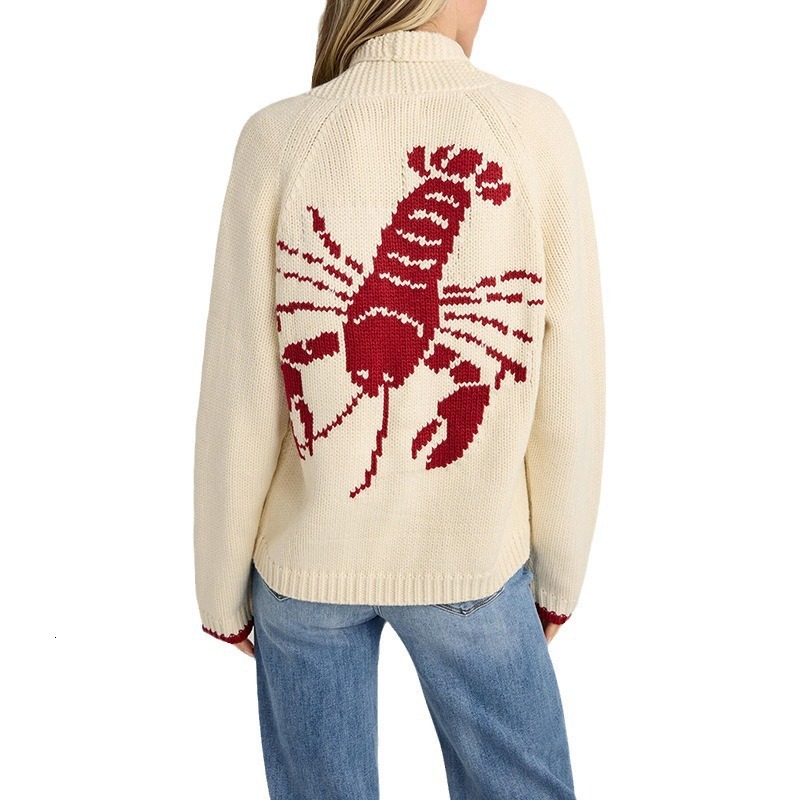 2024 Winter Sweater Womens Casual Commuter Single breasted Cardigan Long Sleeve Shrimp Printed Knitted Cardigan