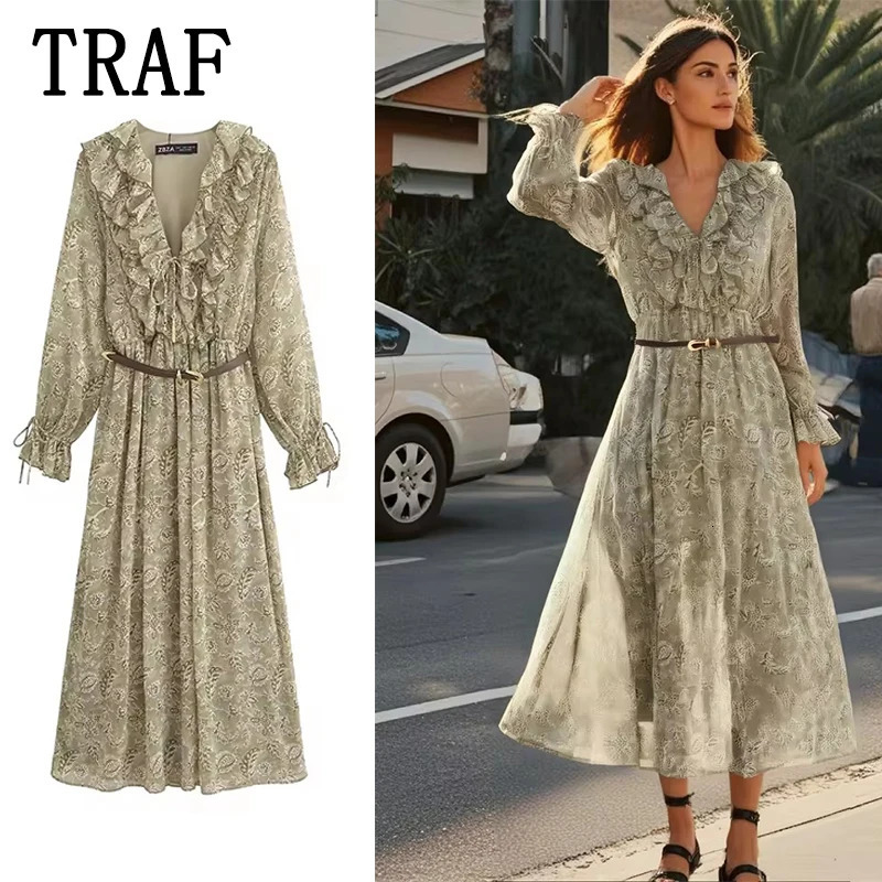TRAF Womens Fashionable Printed Elegant Long Sleeve Dress with Midi Party 250409