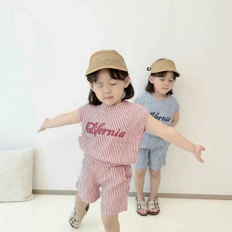 1-6Yrs Baby Boys Striped Summer Track and Field Clothing Childrens Letter Printing Sleeveless Clothing Set Baby 2PCS Korean Summer Fashion Set S2548