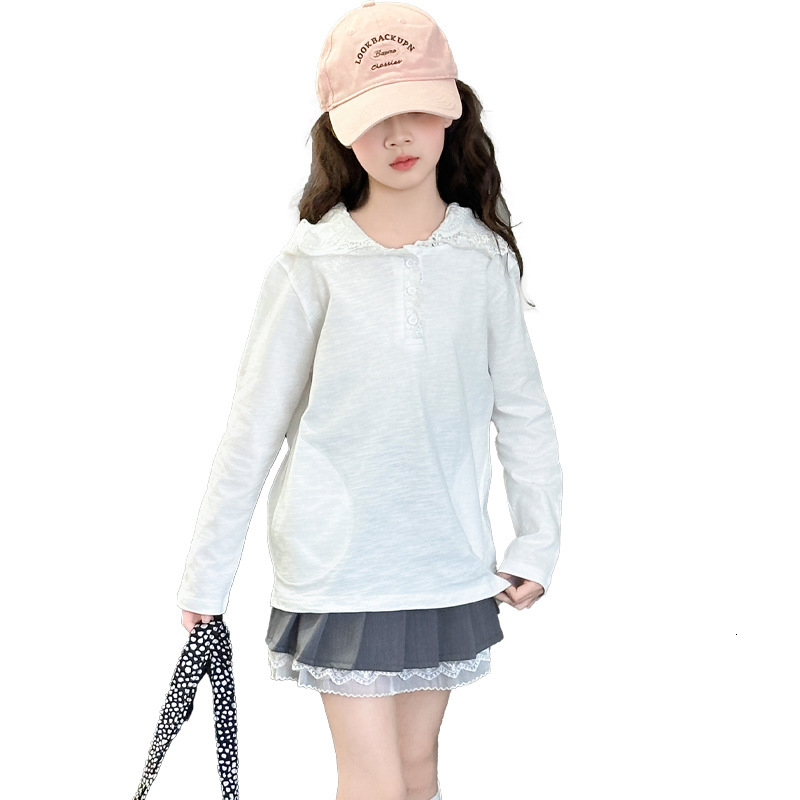 Ddmyshoesvip Girls Base Shirt Spring Outfit Korean Style Versatile Girls Hooded Lace Long Sleeved T Shirt Children S Casual Top