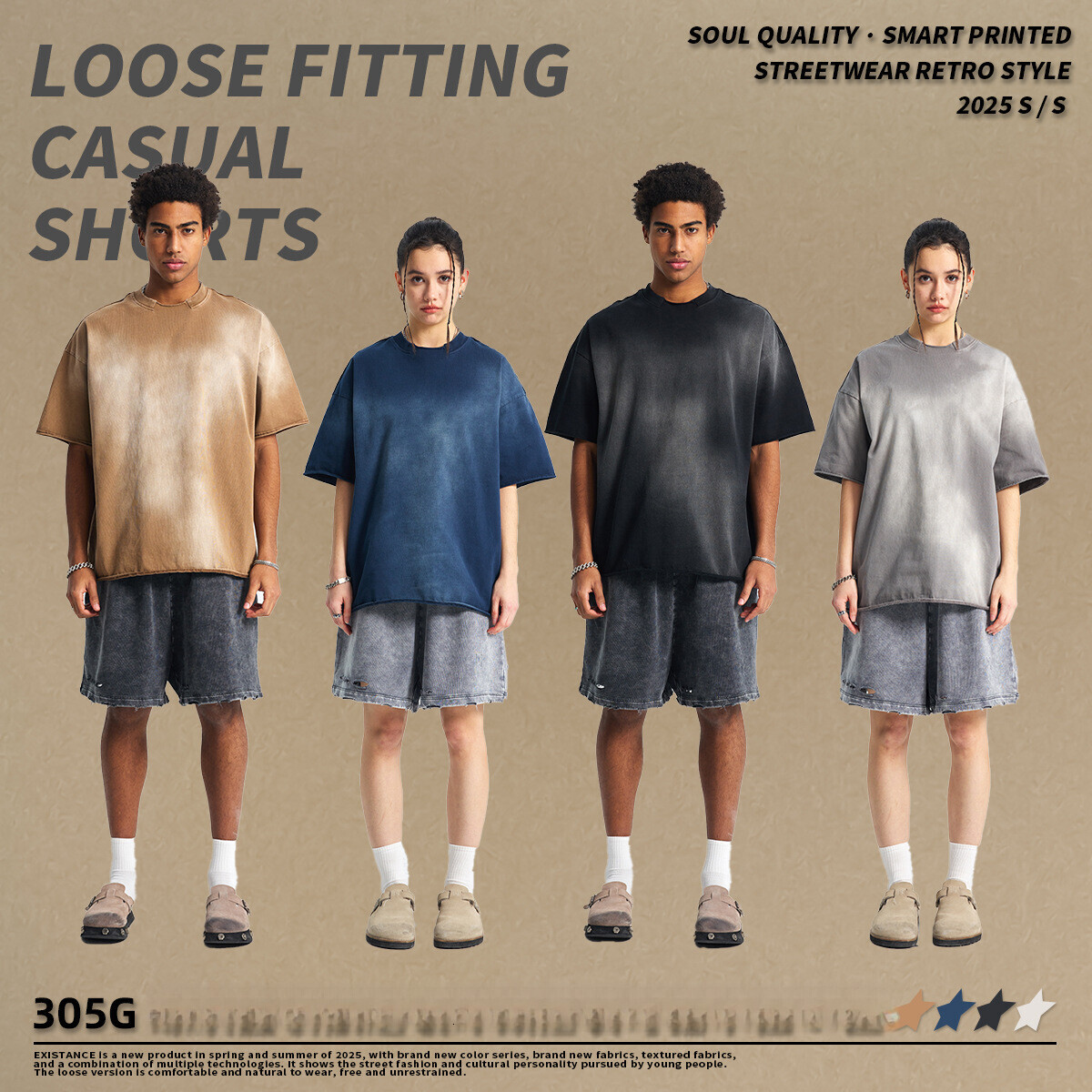 2025 Summer New Product Destruction Collar Cotton Spray Dyeing Used Men's Short sleeved T-shirt Washed INS Loose T