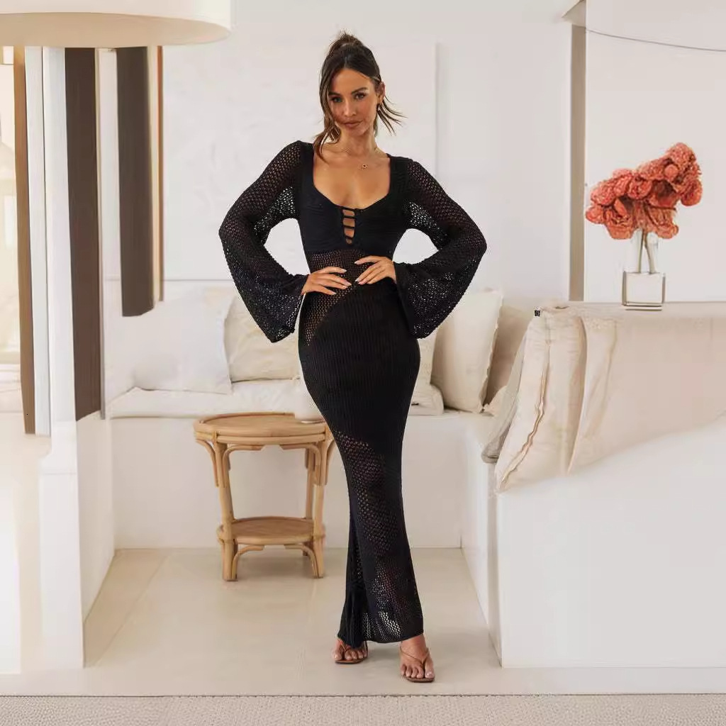 Womens 2025 Spring New Hollow out Long sleeved Knitted Low cut Sexy Open Back Dress