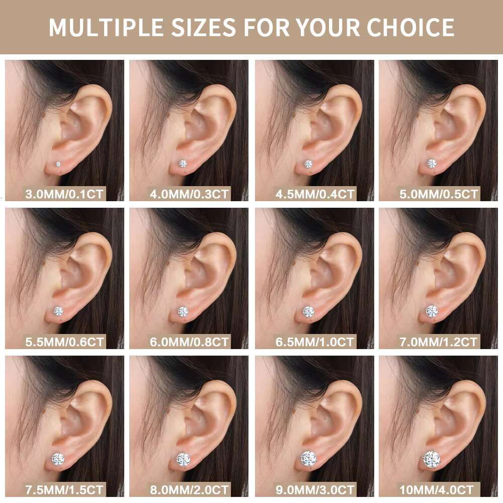 Fashion Jewelry 925 Silver Hypoallergenic Round Brilliant Cut Moissanite Cubic Zircon Gemstones 4-Claw Screw Stud Earrings