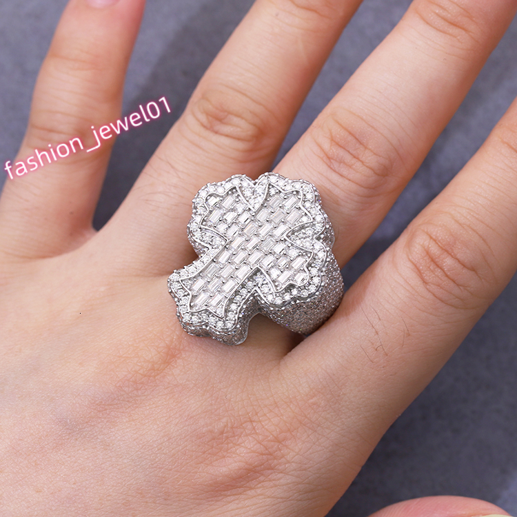 Customized Mens Ring White Gold Plated S925 Sterling Silver With Vvs Moissnaite baguette Ring Cuban Cross Ring
