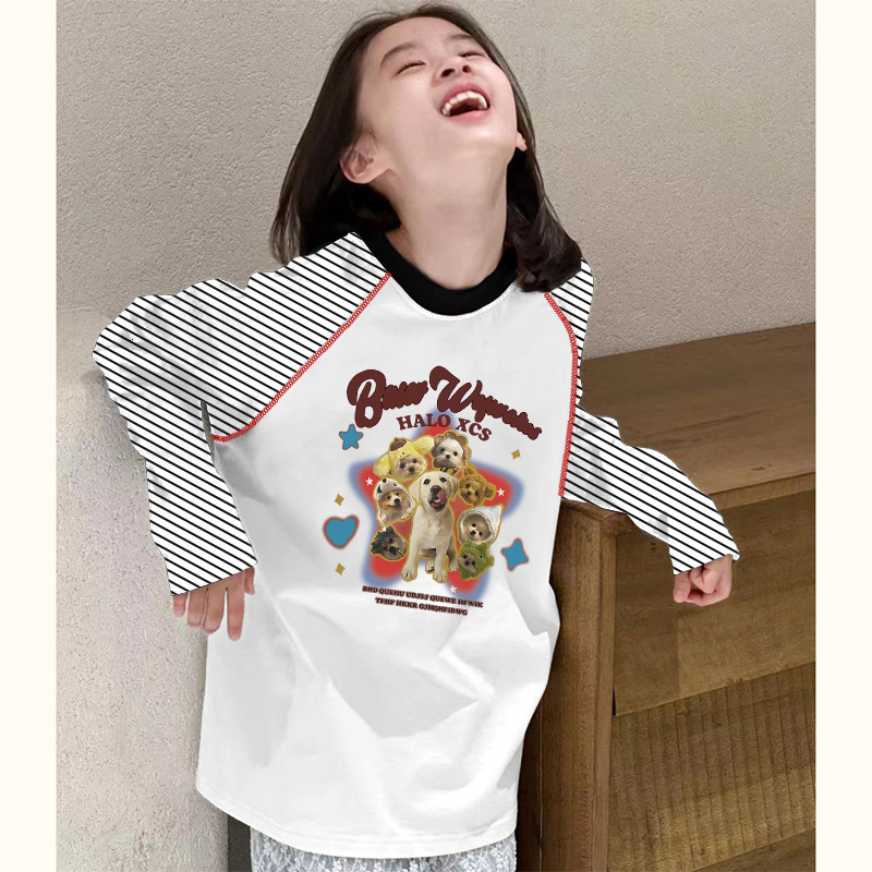 Ddmyshoesvip Girls Striped Raglan Top Medium To Large Children S Clothing Spliced Sleeved Bottom Shirt Korean Casual Versatile Long T Shirt