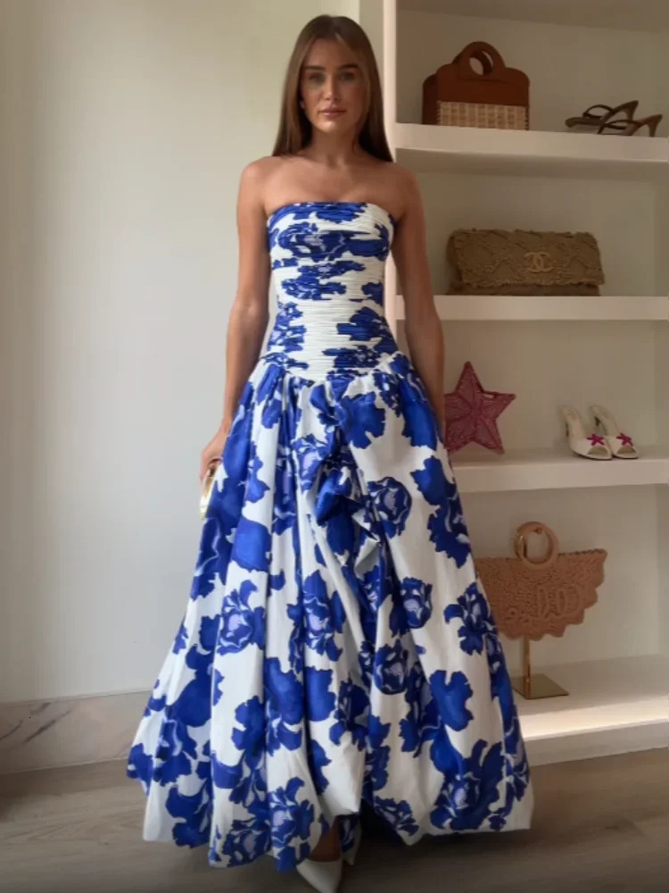 Womens blue printed pleated high waisted Aline dress sexy strapless backless long elegant evening gown 250409
