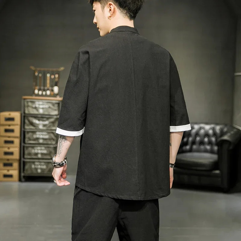 Japanese Style Shirt Mens Summer Chinese Stand Up Collar Yukata Kimono Samurai Wear Colour Blocking T-shirt Hanbok Casual Coat 250408