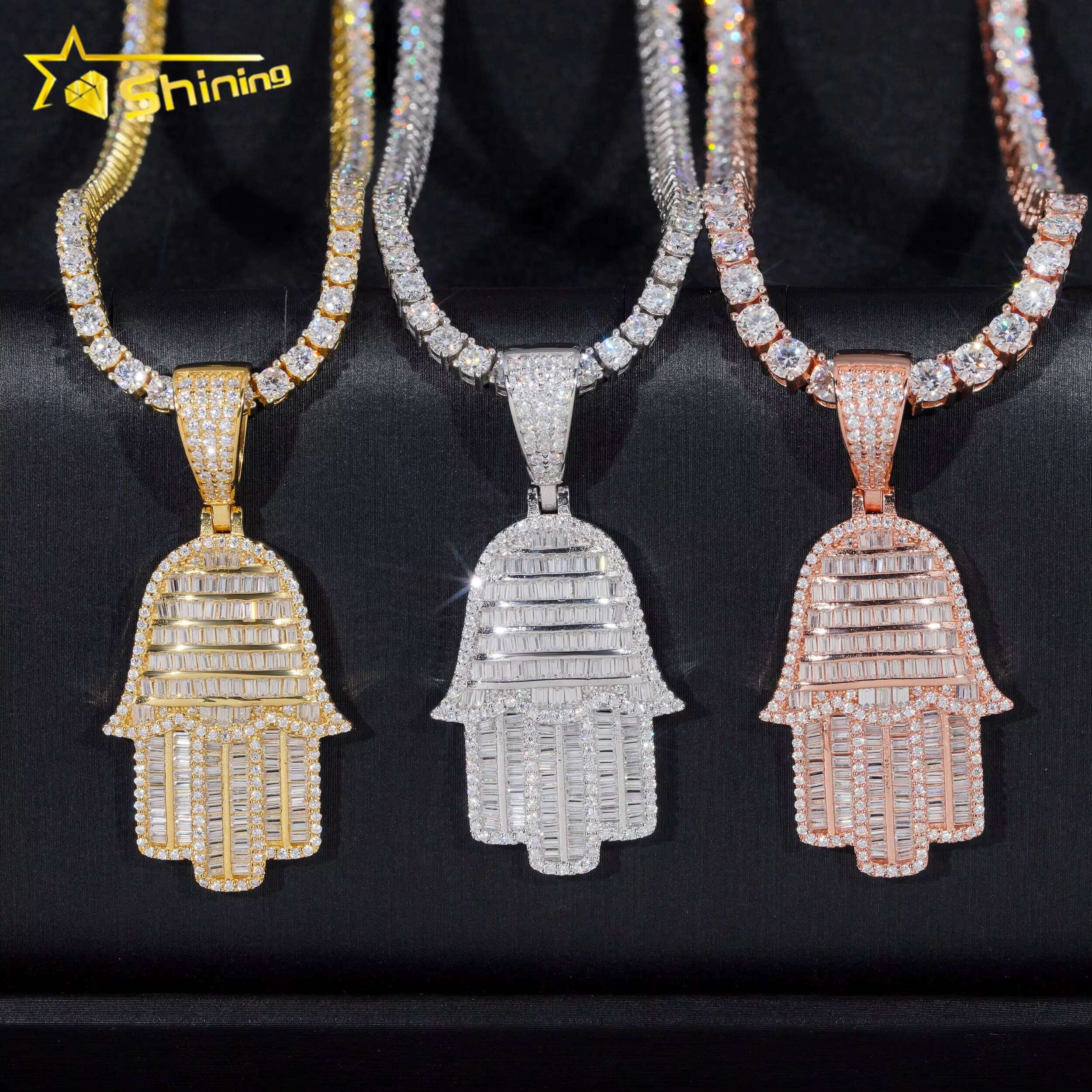 RTS Pass Diamond Tester Hip Hop Jewelry 925 Sterling Silver Gold Plated Iced Out VVS Baguette Custom Moissanite Pendant Hamsa