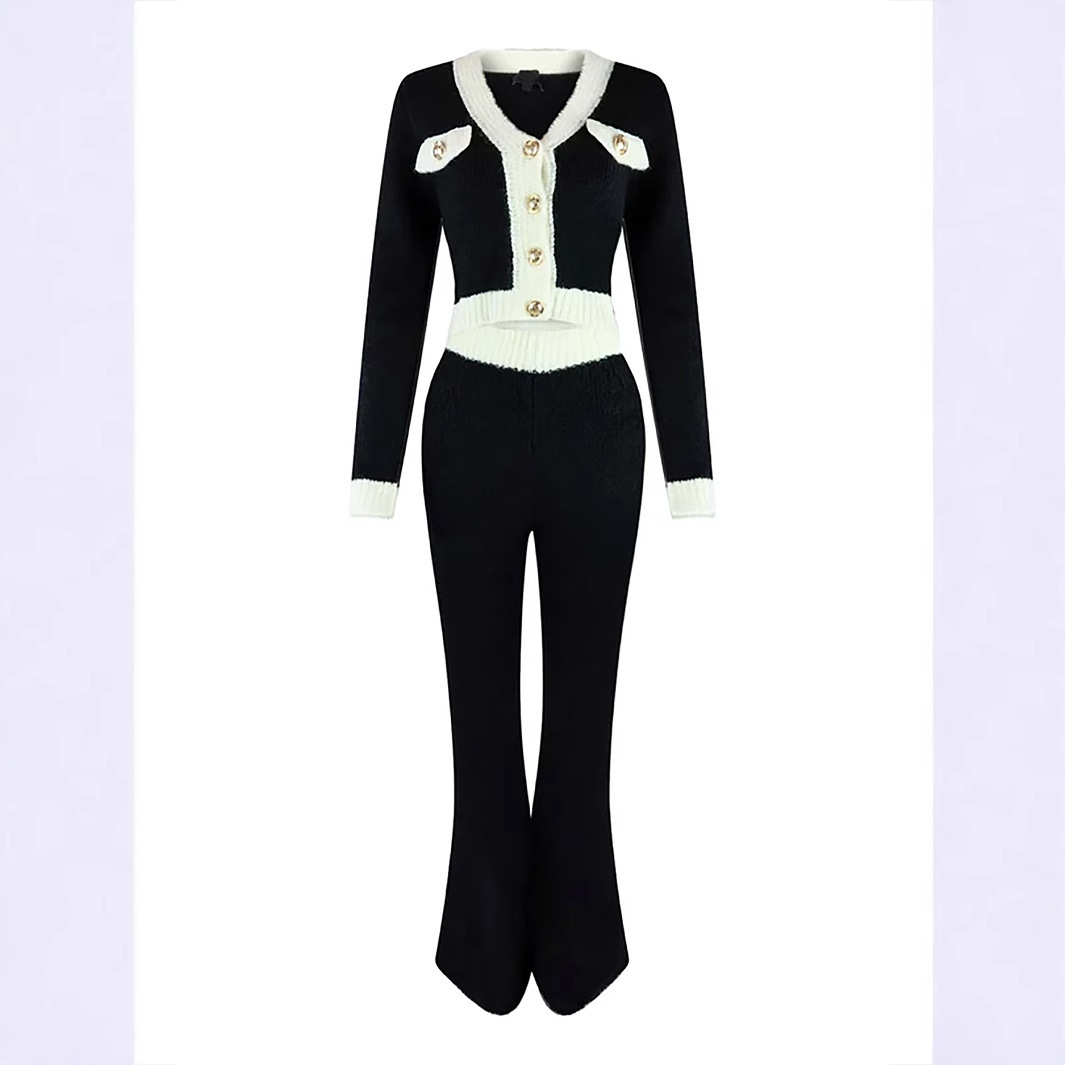 2025S Designer Women S Set Autumn New Style Sleeved Casual Contrasting Color Short Top Long Flared Pants Set For Women