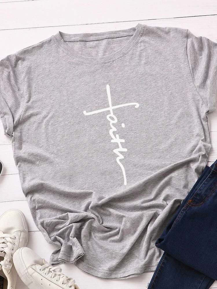 Faith Letter Print T Short Sleeve O Neck Loose Women Tshirt Ladies Tee Shirt Tops Clothes Camisetas Mujer