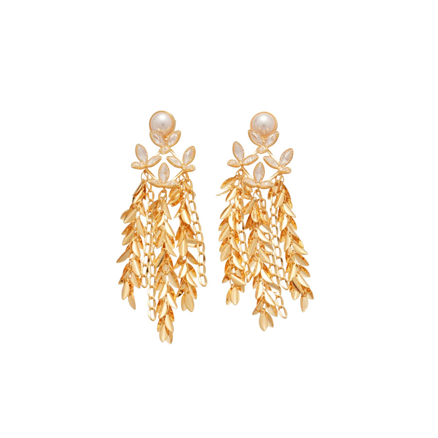 18K Real Gold Plated Flower Tassel Pearl Stud Palace Style Retro Elegant Earrings Light Luxury High-end Feel Ear Jewelry - view 8