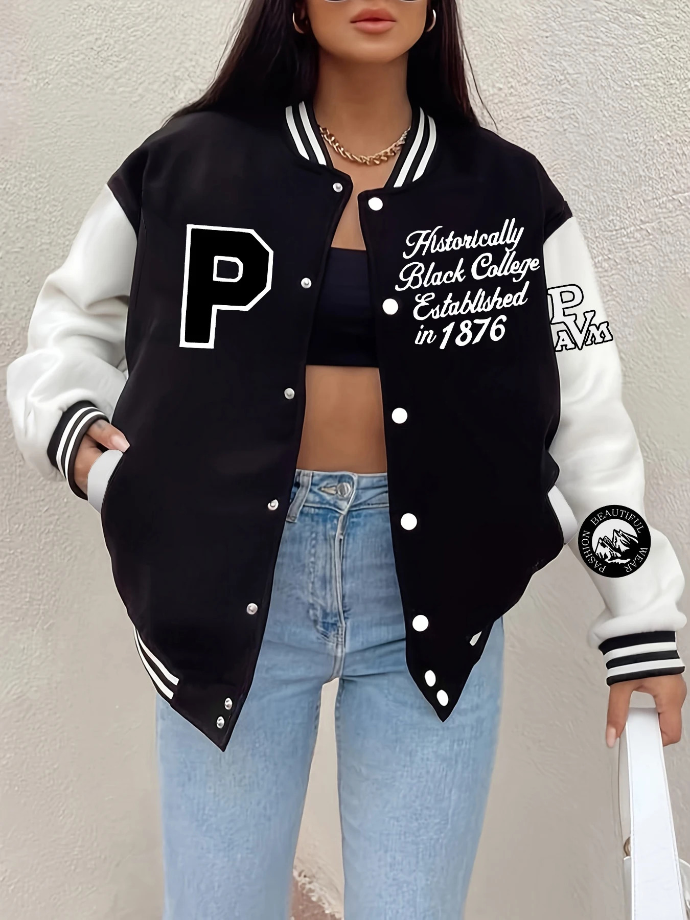Black college letter printed jacket womens winter wool baseball uniform hiphop street casual warm and soft clothing 250409