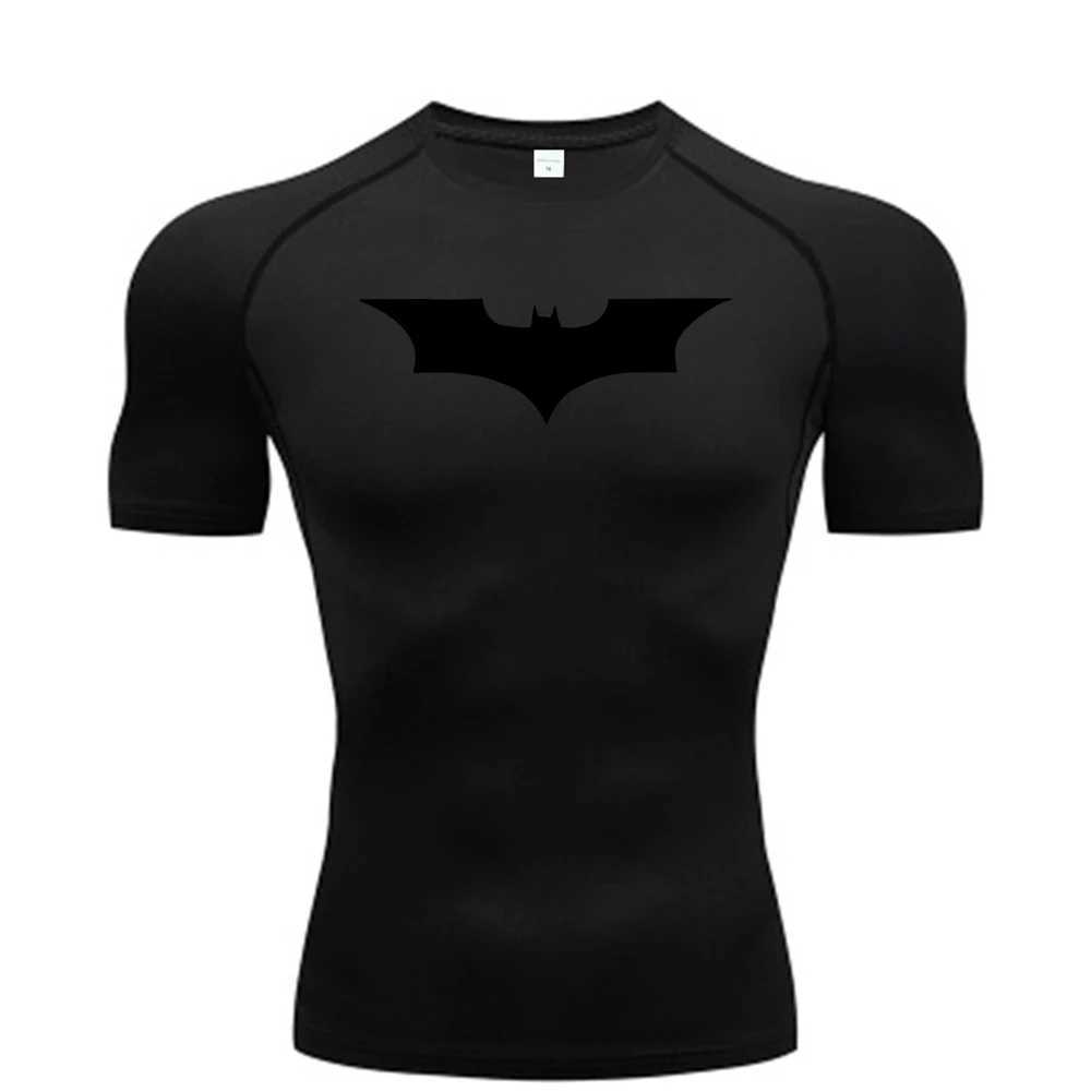 Bat print mens tight fitting T-shirt running compression T-shirt fitness short sleeved mens casual shirt topXJ250409