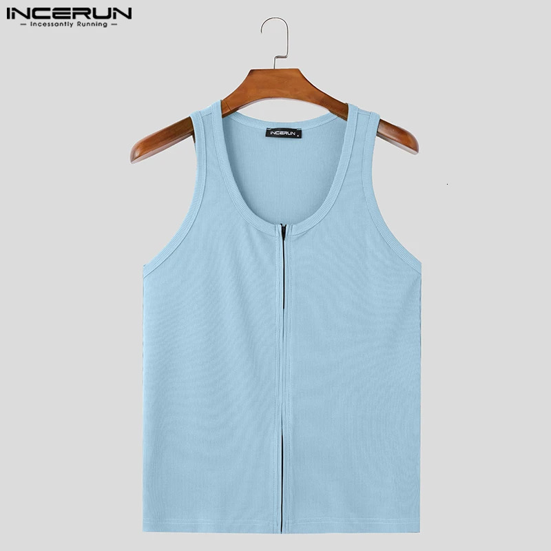 INCERUN Tops Korean Fashion Mens Knitted Solid Zipper n Tank Top Summer Casual Street Clothing Fully Matching S3XL 250409