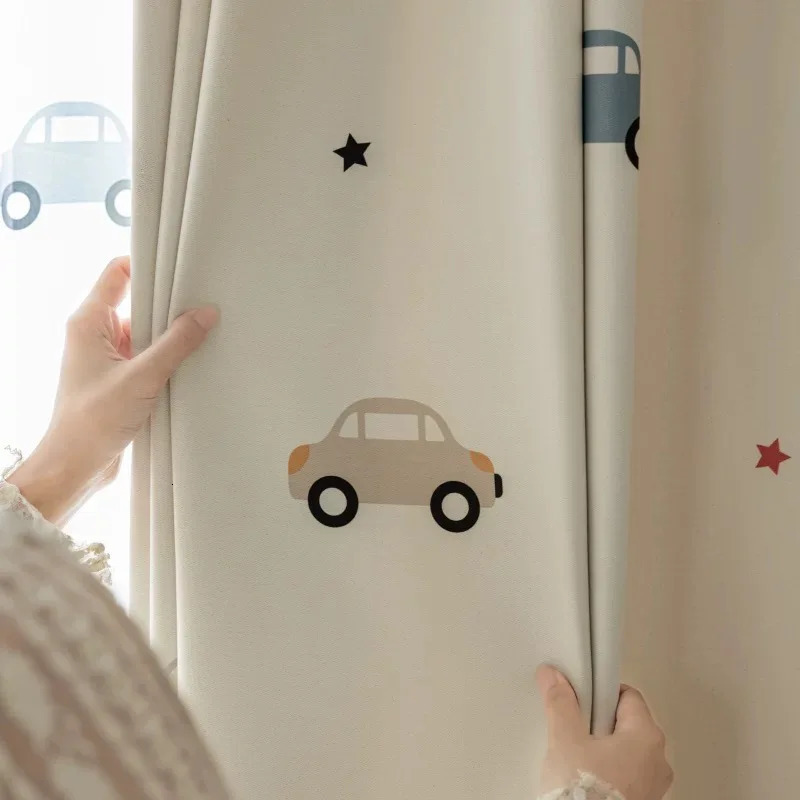 1 cute cartoon car childrens blackout curtain beige blackout curtain childrens bedroom window decoration sheer curtain 250409