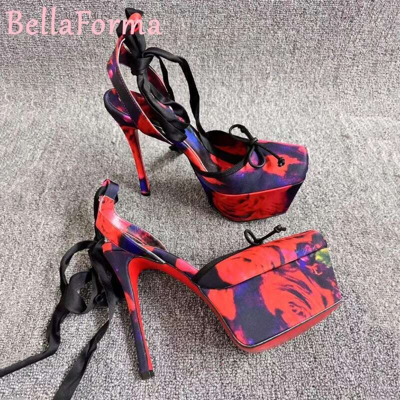 Women's Rose Printing Platform Sandals Bowknots Sweet Mature Sexy Banquet Dress Pleated Ribbon Silk Lace-Up Sgback High Heels