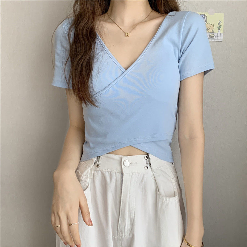 2025S Designer Women S T Shirt Summer New Design Cross Versatile Slim Fit Sleeve T Shirt Korean Short Solid Color Top For Women