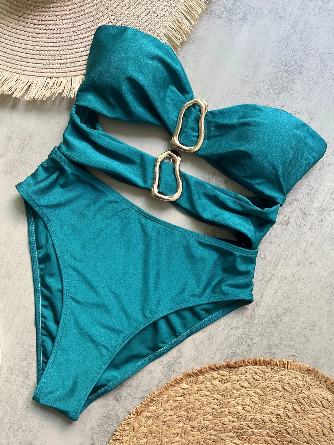 3color sexy metal ring cut womens onepiece swimsuit Bandeau long leg bathtub B026D 250409