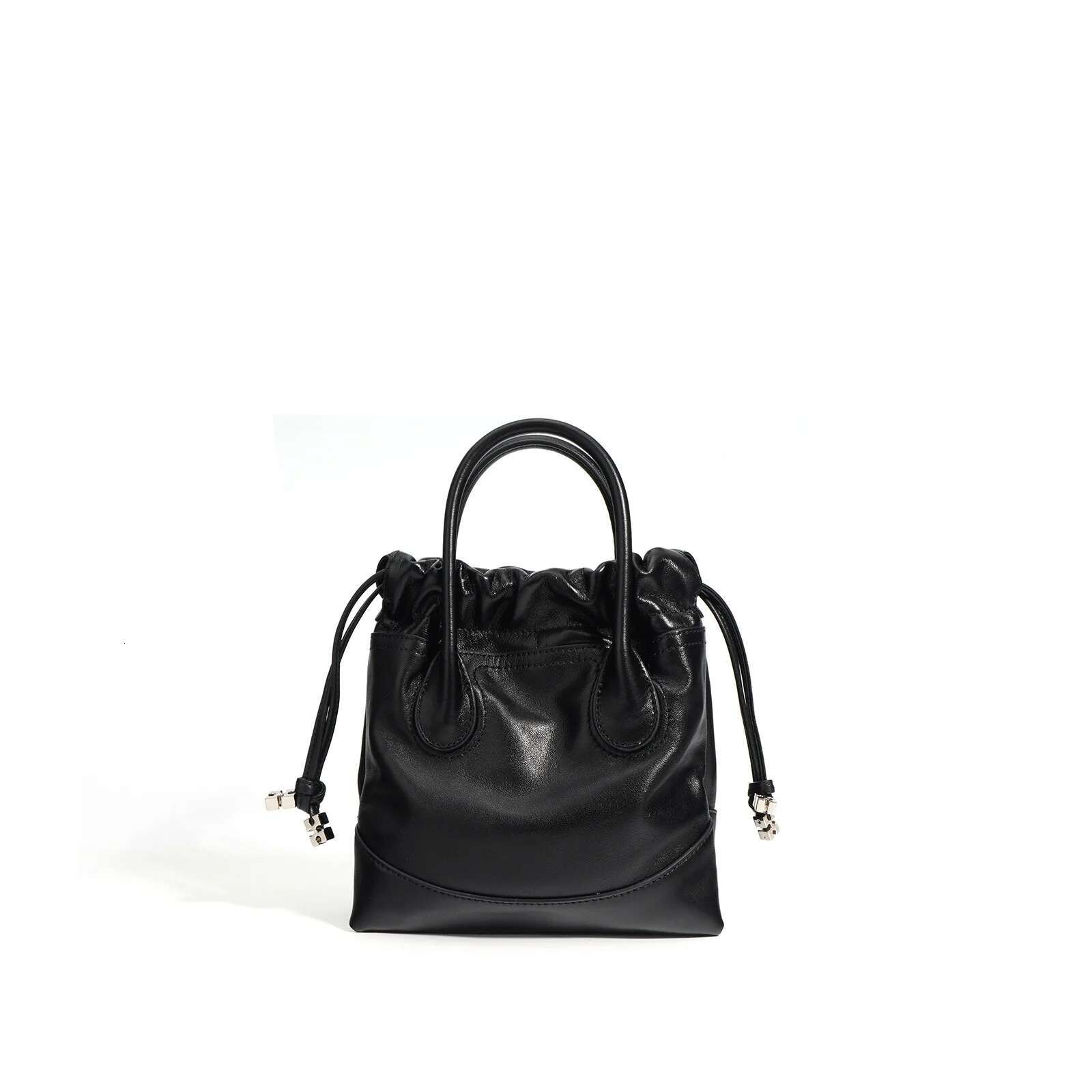 Fashion Lady Real Leather Ruched Bucket Pouch Purse For Women Chic Casual Drawstring Bag With Double Pocket