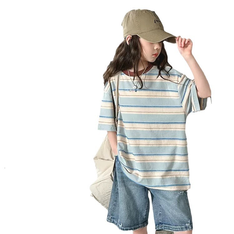 Ddmyshoesvip Fashionable Girls Striped Short Summer New Item Loose Half Sleeved Casual T Shirt For Children Trendy