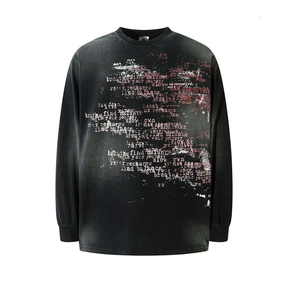 Distressed Letter Double-Sided Printed T-Shirt Mens High Street Autumn Long Sleeve Loose Cotton Crew Neck Tee Men