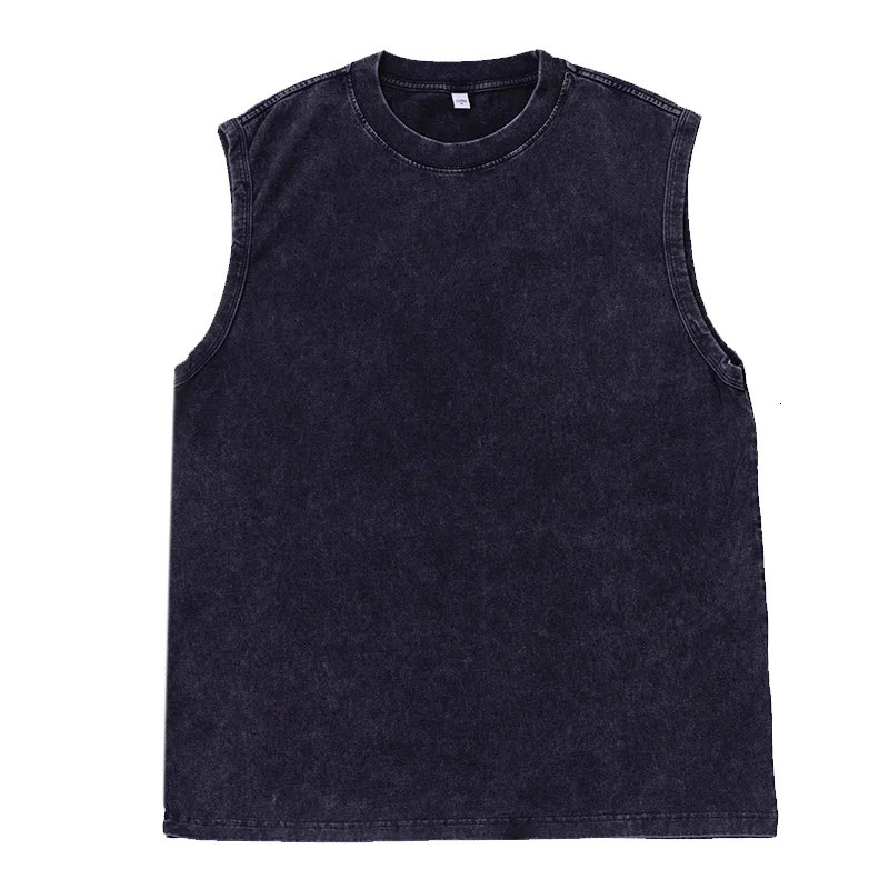Mens vest retro wash Tshirt 100% pure cotton top summer casual sleeveless street black loose womens 250409
