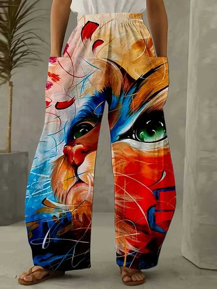 Cartoon and interesting cat colored 3D printed womens double-sided pocket pants city street fashion womens Bloomer casual loose long styleXJ250403