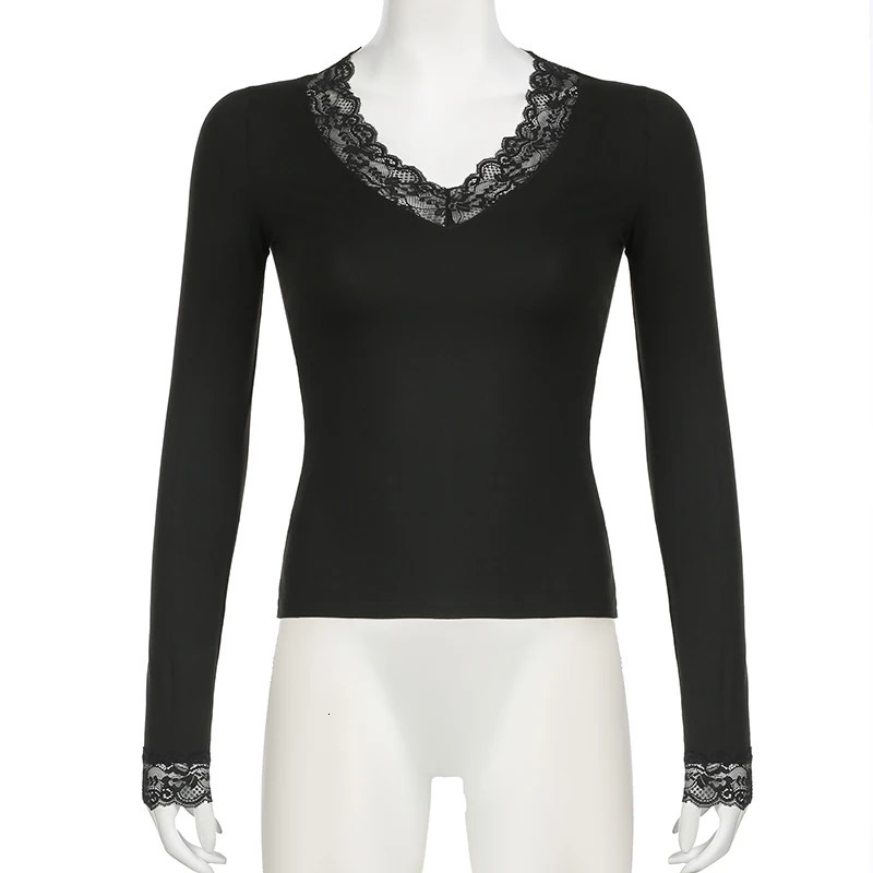 SUCHCUTE Black V-Neck Lace Trim Patchwork T-Shirt Casual Solid Long Sleeve Tees Women Vintage 90s Clothes Autumn Spring Top 250409