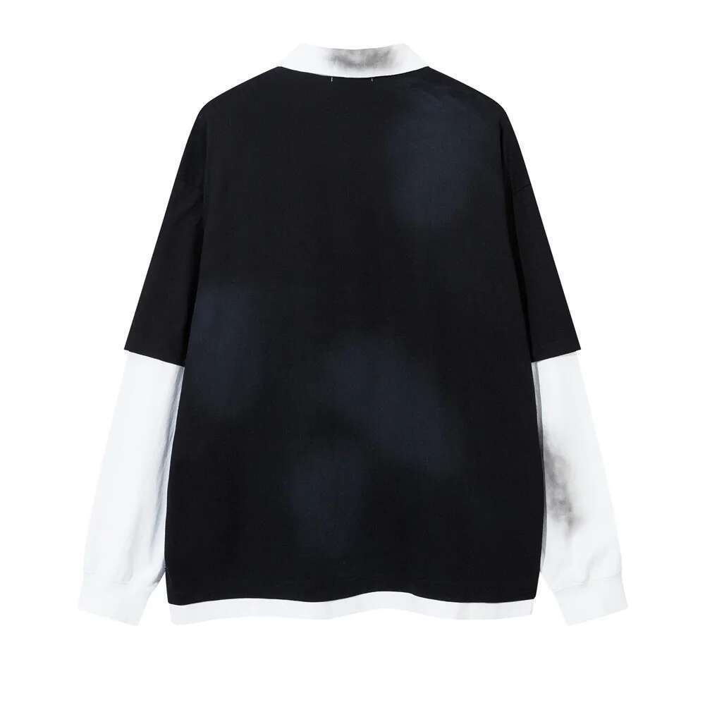 Print Fake Two Pieces T-Shirt Mens Distressed High Street Autumn Lapel Long Sleeve Loose Spliced Tee Men Cotton Tops