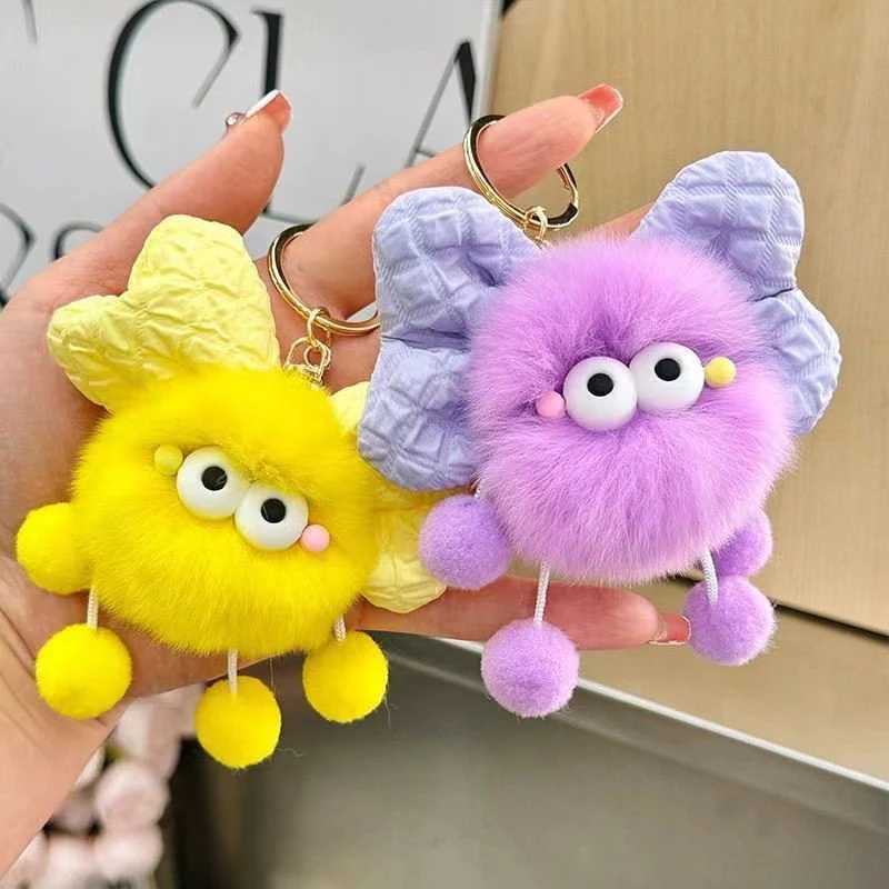 Cute cartoon big eyed plush doll bow keychain fun ball car keychain pendant toy backpack decoration accessories giftXJ250409