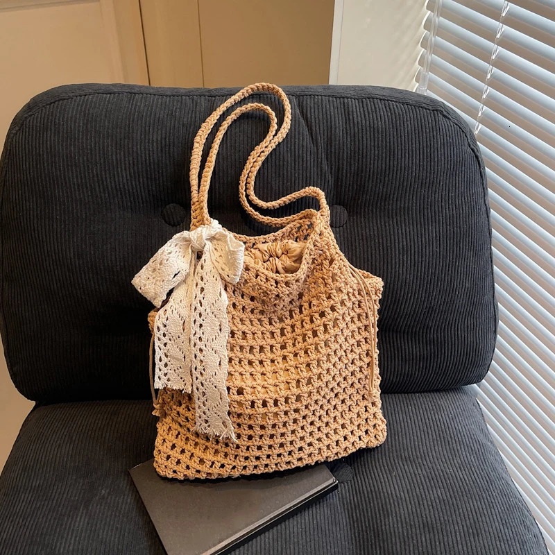 Arrival hollow lace bow shoulder bag womens large capacity straw handbag retro travel beach shopping 250408