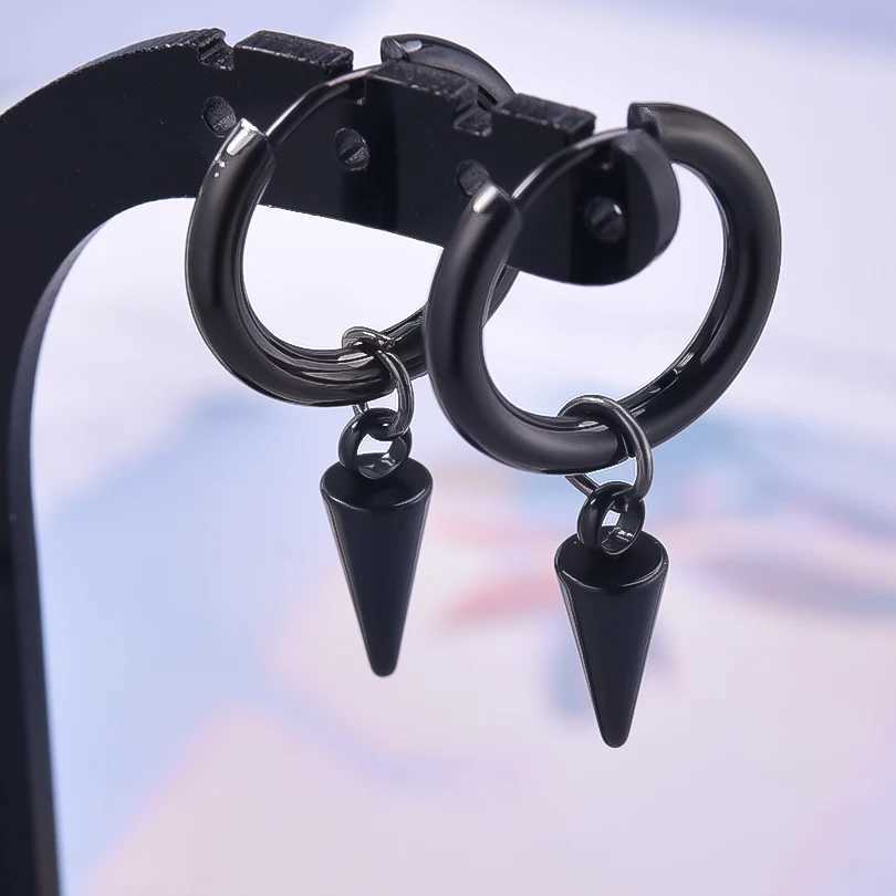 New All Black Hoop Sword Pointed Cone Pendant Earring Stainless Steel Earrings For Women Men Accessories Goth Steampunk Jewelry Z250408